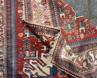 Nice Antique Karaja wool-on-wool rug, ca. 1900, 199/192 cm. x 144 cm. with a Caucasian Eagle or Sunburst medallion, in all over very good condition with well saturated all natural dyes. Endings  ...