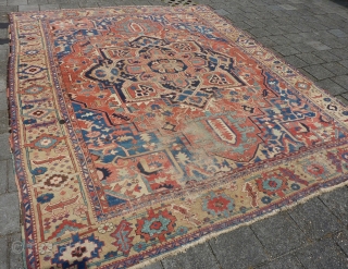 Karaja Heriz end 19th.c., 400 x 324 cm., 13'1" x 10'7". Nice one with wear.                  