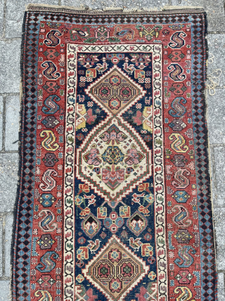 With its wide range of good, old colours, this NW-Kurdish(?) runner, 100 x 388 cm. with strong yellow and clear aubergine, might well be mid-19th c. Single wefted, wool structure, condition as  ...