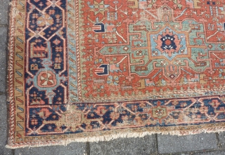 Charming Karaja rug 190  x 153 cm., 6' 3" x 5', around 1900. Alas not in pristine condition: with lot of wear. Also two hardened glue areas at one ending at  ...