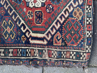 Antique Qashqai Bag + its original kilim backside, made in to a pillow. Low pile and one area with wear ( detail pict.). Last picture in full sunshine. robvanwieringen@telfort.nl    