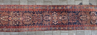 Antique Hamadan long Runner 518  x 98 cm., 17' x 3' 2". good pile in general, one lower 'door entrance'area, see last two picts.        