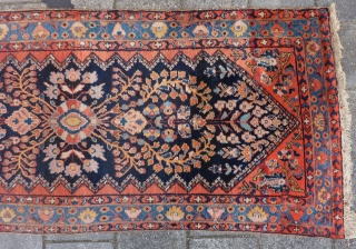 Antique Hamadan long Runner 518  x 98 cm., 17' x 3' 2". good pile in general, one lower 'door entrance'area, see last two picts.        