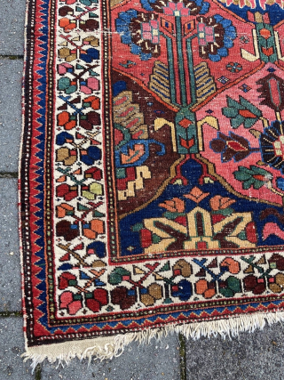 Sweet antique Bachtiari rug, 204 x 130 cm., with a nice range of colours, all natural. With low pile, the sides needs rewrapping and a small patch in the upper left corner.
robvanwieringen@telfort.nl 