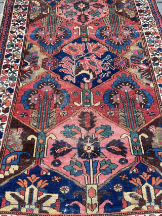 Sweet antique Bachtiari rug, 204 x 130 cm., with a nice range of colours, all natural. With low pile, the sides needs rewrapping and a small patch in the upper left corner.
robvanwieringen@telfort.nl 