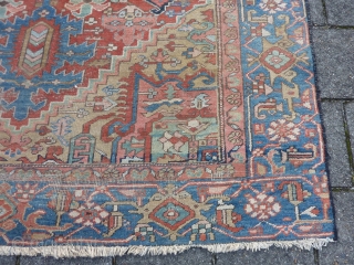 Antique Heriz, 329  x 216 cm., 10' 10" x 7'1", ca. 1900. with soft colours. Missing its outer guard border and with scattered wear. No rot, just dusty.    