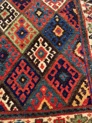 Antique Big Jaf Kurdish bag front, 105 x 78 cm. Full meaty pile all over and with a nice range of all natural dyes. Two corners with repairs, a small one and  ...