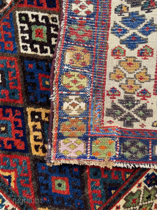 Antique Big Jaf Kurdish bag front, 105 x 78 cm. Full meaty pile all over and with a nice range of all natural dyes. Two corners with repairs, a small one and  ...