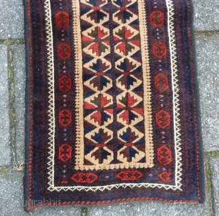Strong Baluch balisht with kilim back, 99  x 42 cm., 39" x 17". Good condition and pile. All natural dyes except for the three repeating dots in the main border (  ...