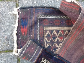 Strong Baluch balisht with kilim back, 99  x 42 cm., 39" x 17". Good condition and pile. All natural dyes except for the three repeating dots in the main border (  ...