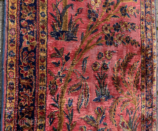 Lovely antique all silk Kashan, possible 19th c., 118 x 62 cm. Finely knotted (9x9 per sq. cm.) on silk warps, with great natural colours. Pile is over all high, except for  ...