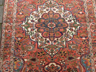 Fine Bachtiari, 208 x 142 ( 6'10" x 4'8") ca. 1920, with full pile all over. Part of a kilim end missing. All good dyes. No repairs. Lays flat and straight.  