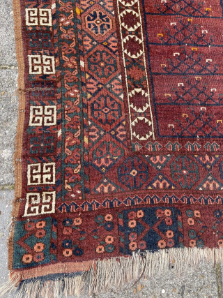 Antique Ersari Ensi, 202 x 148 cm. A weaker spot in the center (detail pict.) and sides needs some rewrapping in places. Priced as for export EU. robvanwieringen@telfort.nl     