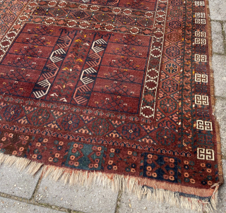 Antique Ersari Ensi, 202 x 148 cm. A weaker spot in the center (detail pict.) and sides needs some rewrapping in places. Priced as for export EU. robvanwieringen@telfort.nl     