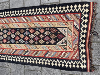 Antique Qashqai Kilim Runner, 330 x 98 cm. In general very good condition. One area with some repairs, see last two close-up pics front and back side + a stain in the  ...