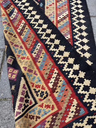 Antique Qashqai Kilim Runner, 330 x 98 cm. In general very good condition. One area with some repairs, see last two close-up pics front and back side + a stain in the  ...