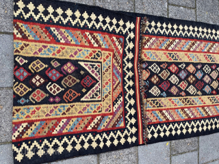 Antique Qashqai Kilim Runner, 330 x 98 cm. In general very good condition. One area with some repairs, see last two close-up pics front and back side + a stain in the  ...
