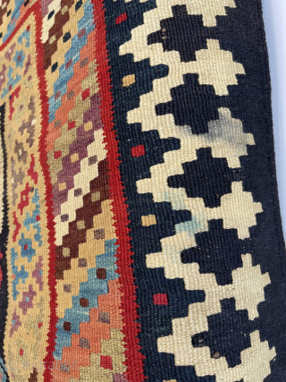 Antique Qashqai Kilim Runner, 330 x 98 cm. In general very good condition. One area with some repairs, see last two close-up pics front and back side + a stain in the  ...