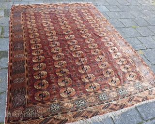 Fine Tekke turkmen rug, 243  x 178 cm., 8' x 5' 10". Incredible soft wool, like velvet, very pliable and in good condition, with full pile allover. Selvedges needs rewrapping and  ...