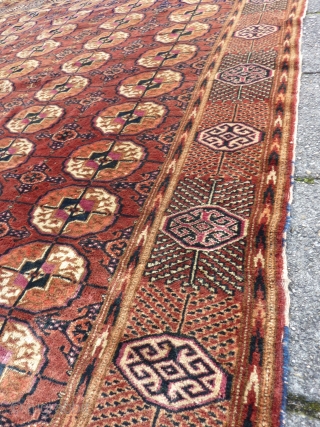 Fine Tekke turkmen rug, 243  x 178 cm., 8' x 5' 10". Incredible soft wool, like velvet, very pliable and in good condition, with full pile allover. Selvedges needs rewrapping and  ...