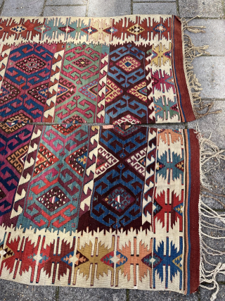 Antique Turkish Malatya Kilim, 324 x 154 cm., end 19th c. Lovely colour harmony, all natural dyes. Over all in good condition, apart from an area with slight wear and tiny damages  ...