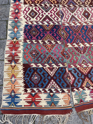 Antique Turkish Malatya Kilim, 324 x 154 cm., end 19th c. Lovely colour harmony, all natural dyes. Over all in good condition, apart from an area with slight wear and tiny damages  ...