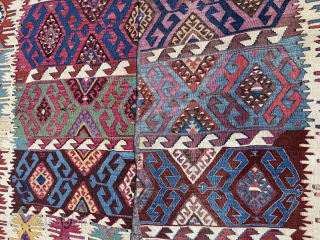 Antique Turkish Malatya Kilim, 324 x 154 cm., end 19th c. Lovely colour harmony, all natural dyes. Over all in good condition, apart from an area with slight wear and tiny damages  ...