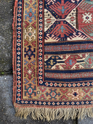 Antique Shahsavan Sumakh Bag front, 66 x 66 cm., 19th c. A few damages at the selvedges and a small repair at the top border ( see last detail pict.) robvanwieringen@telfort.nl  