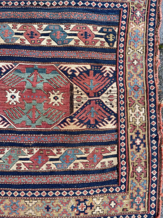 Antique Shahsavan Sumakh Bag front, 66 x 66 cm., 19th c. A few damages at the selvedges and a small repair at the top border ( see last detail pict.) robvanwieringen@telfort.nl  