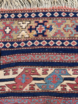 Antique Shahsavan Sumakh Bag front, 66 x 66 cm., 19th c. A few damages at the selvedges and a small repair at the top border ( see last detail pict.) robvanwieringen@telfort.nl  