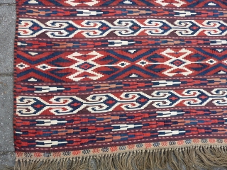 Antique Yomud Kilim, 134 c 123 cm., 4' 4" x 4'. Natural dyes and a hot red, but without colour transfer. Good condition, except for a finger tip seize hole ( see  ...