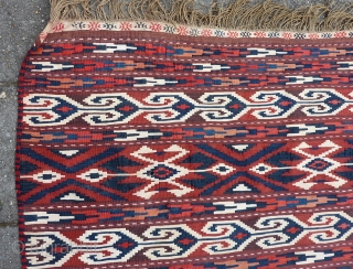 Antique Yomud Kilim, 134 c 123 cm., 4' 4" x 4'. Natural dyes and a hot red, but without colour transfer. Good condition, except for a finger tip seize hole ( see  ...