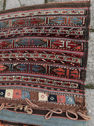 Antique Veramin Double Bag, 141 x 68 cm., ca. 1900. With full pile all over and in almost perfect condition ( small damage at a kilim strap ). All natural dyes and  ...