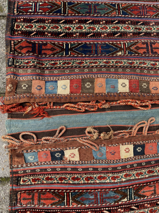 Antique Veramin Double Bag, 141 x 68 cm., ca. 1900. With full pile all over and in almost perfect condition ( small damage at a kilim strap ). All natural dyes and  ...
