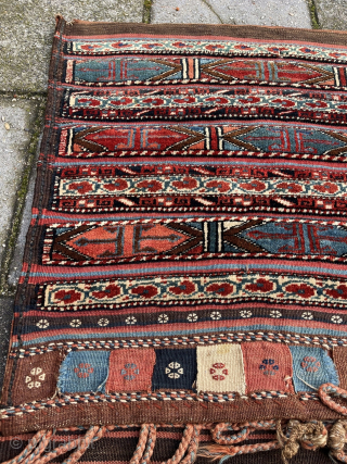 Antique Veramin Double Bag, 141 x 68 cm., ca. 1900. With full pile all over and in almost perfect condition ( small damage at a kilim strap ). All natural dyes and  ...