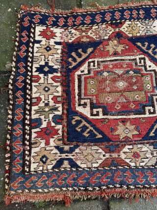 Antique Shahsavan sumakh bag front, 19th c.,  50 x 51 cm. with damages. Natural dyes and an early faded fuchsine.            