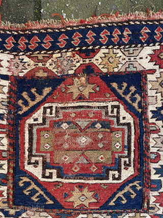 Antique Shahsavan sumakh bag front, 19th c.,  50 x 51 cm. with damages. Natural dyes and an early faded fuchsine.            