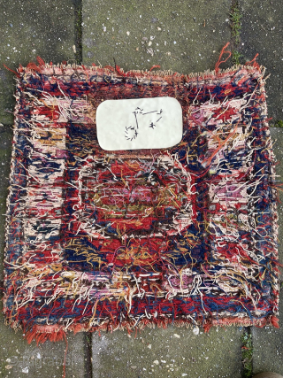 Antique Shahsavan sumakh bag front, 19th c.,  50 x 51 cm. with damages. Natural dyes and an early faded fuchsine.            