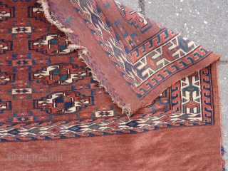 Yomud Chuval, 73 x 114 cm.,ca. 1900, all natural dyes. A small puncture ( last pict) and a few moth trails.            