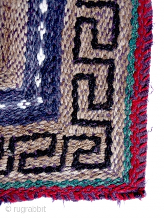 Tibetan Flat Weave with Embroidery(TC10)
  27 1/2”  x  28” 

Unusual nambu flat-weave with embroidered design.
Drokpa (nomad) weaving with double-dorje central motif.
Loose weaving with some wear but solid with strong  ...