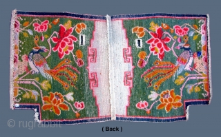 Tibetan Peacock Tahden (horse carpet) TC24

43”  x  23 3/4”
Graphic Peacock design on green ground.
Notched carpet goes on the horses back under the saddle.
Used but very good condition.  
Early ~  ...