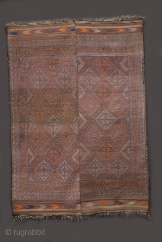 Taimani two piece sleeping rug Central Afghanistan, probably Ghor province Circa 1930. Goat hair and wool warps, goat hair over binding to selvage. Orange synthetic dye, otherwise all natural dyes as well  ...