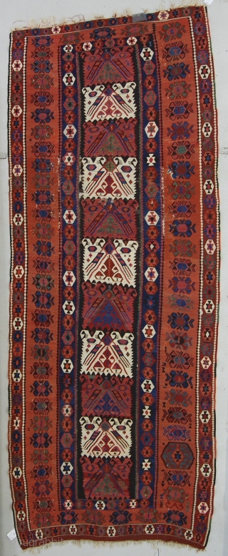 4'2" x 12'6" East Anatolian kelim, possibly somewhere between Erzurum and Kagizman. Great color, decent condition, recently cleaned.               