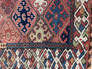 4’3” X 7’5” Kurdish? Shah Savan? Likely NW. Iran. No off-set knotting, amazing color, total wreck – once a great rug – but now only fit for the wall or as a  ...