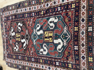 4’10” x 6’10” Karabagh, ‘cloud band’ medallions, corner damage, $450.00 (#13806) Please email office@mannrugs.com SOLD                  