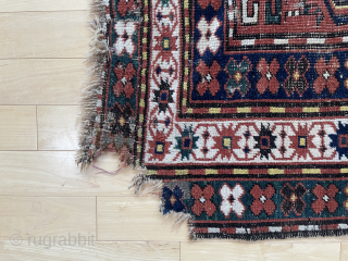 4’10” x 6’10” Karabagh, ‘cloud band’ medallions, corner damage, $450.00 (#13806) Please email office@mannrugs.com SOLD                  