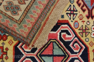3'2" x 7'3" Nw. Persian/S Caucasian rug. Good graphic design, nice color. Worn flat in areas with about 5"x5" of the yellow ground re-knotted mid field, original ends and sides. Pretty &  ...