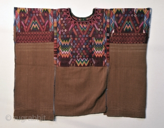 Chichicastenango Gala Huipil from Guatemala.  Exquisitely well woven piece with tight silk and cotton brocading on a brown cotton ground.  Traditional weft cording showing under brocade motifs on arms.   ...