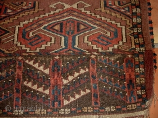 #6845 Antique Yomud Ensi Rug 
This 19th century Yomud Ensi Oriental Rug measures 4’8” x 5’2”. This is an excellent Ensi. The crossbar in the field is very low adding to the  ...