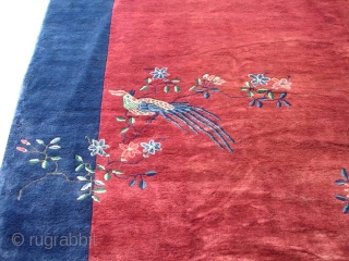 #6480 Antique Art Deco Chinese Rug 
This circa 1920 Art Deco Feti Chinese Oriental rug measures 10’1” X 13’4’. It has a maroon to cranberry red field all encompassed with a navy  ...